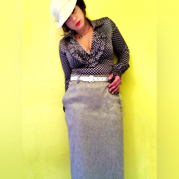 VINTAGE ESCADA BEIGE WOOL MAXI SKIRT BUTTON BACK SLIT 40 US 10 MEDIUM - Picture 5 of 5